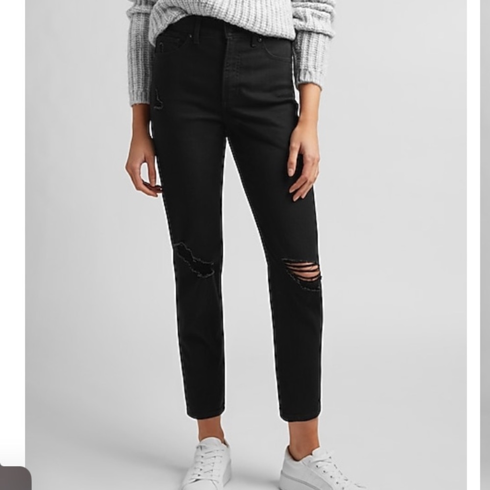 Express High Waisted Black Ripped Mom Jeans